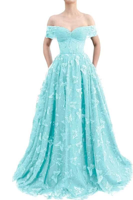 Sparkly Off Shoulder Tulle Prom Dresses with Butterfly Appliques Long A Line Formal Evening Party Gowns for Women