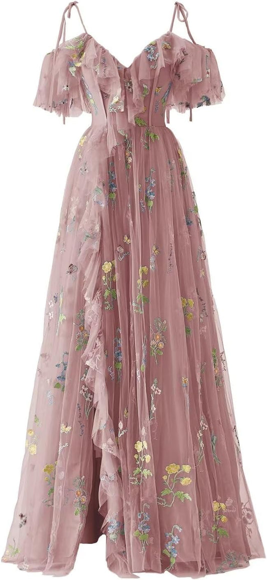 Vestidos de fiesta de tul con bordado floral para mujer, tirantes finos, largos, formales, de noche, 2024