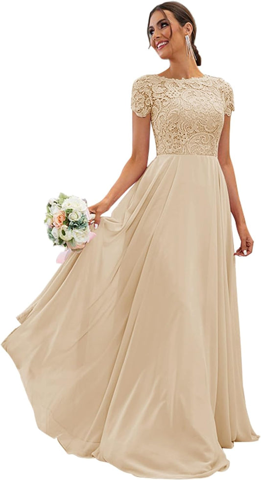 Damen Brautjungfernkleider mit U-Ausschnitt und Taschen, lang, Chiffon, Spitze, Abschlussball, formelle Abendkleider