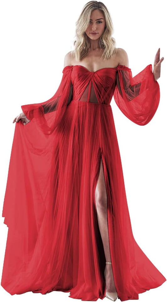 Vestidos de fiesta de tul con mangas largas abullonadas y abertura en los hombros para mujer, vestidos de noche formales para boda