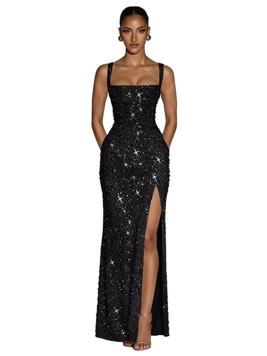 Mermaid Sequin Prom Dresses for Women 2026 Spaghetti Strap Formal Dress with Slit Sparkly Evening Party Gowns