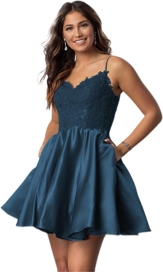 Vestidos cortos de fiesta con tirantes finos para jóvenes, con encaje, escote en V y bolsillos.