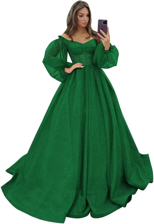 Vestidos de fiesta con mangas abullonadas y purpurina para mujer, vestido de baile con hombros descubiertos, vestido de noche formal, vestido de princesa para quinceañera