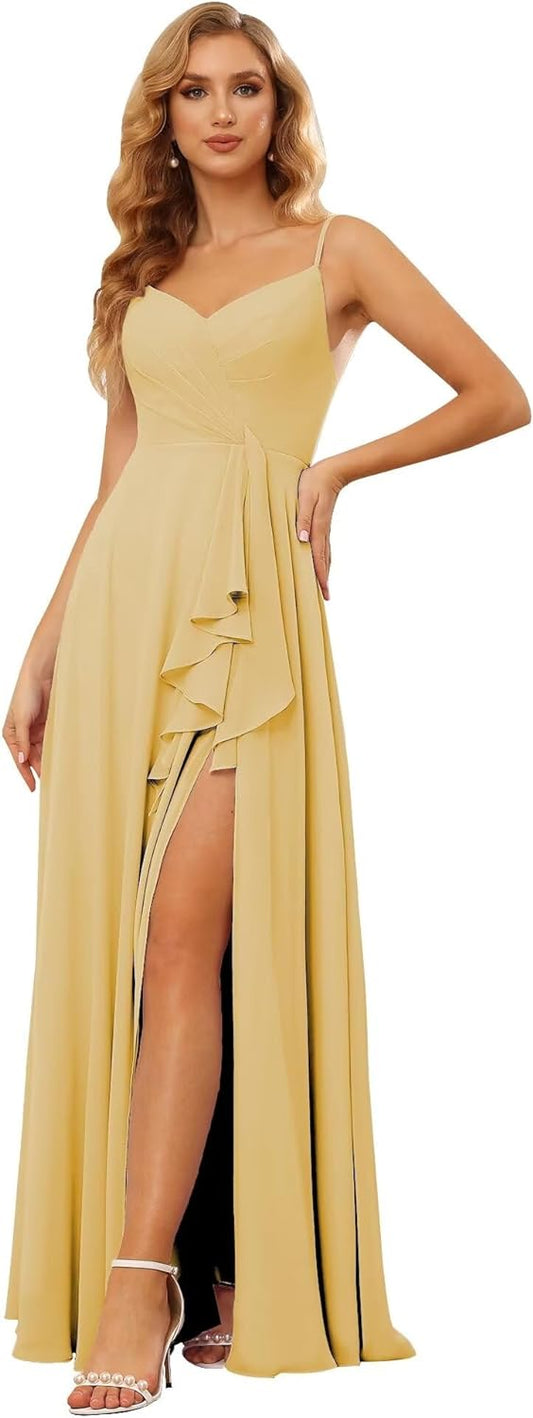 Vestidos de dama de honor largos de gasa con tirantes finos y bolsillos, vestidos formales con volantes y abertura para mujer