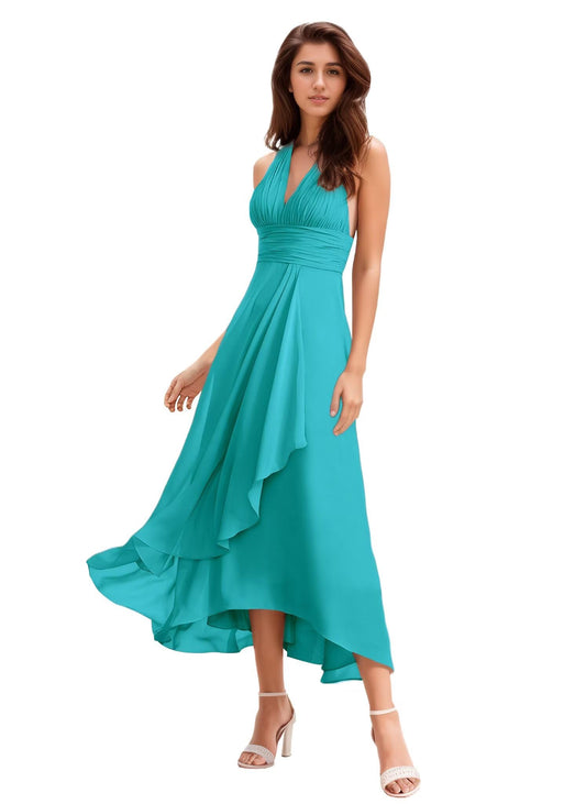 Women's Halter V-Neck Bridesmaid Dresses with Ruffled Edge A Line Ruched Chiffon Formal Evening Gowns Sleeveless