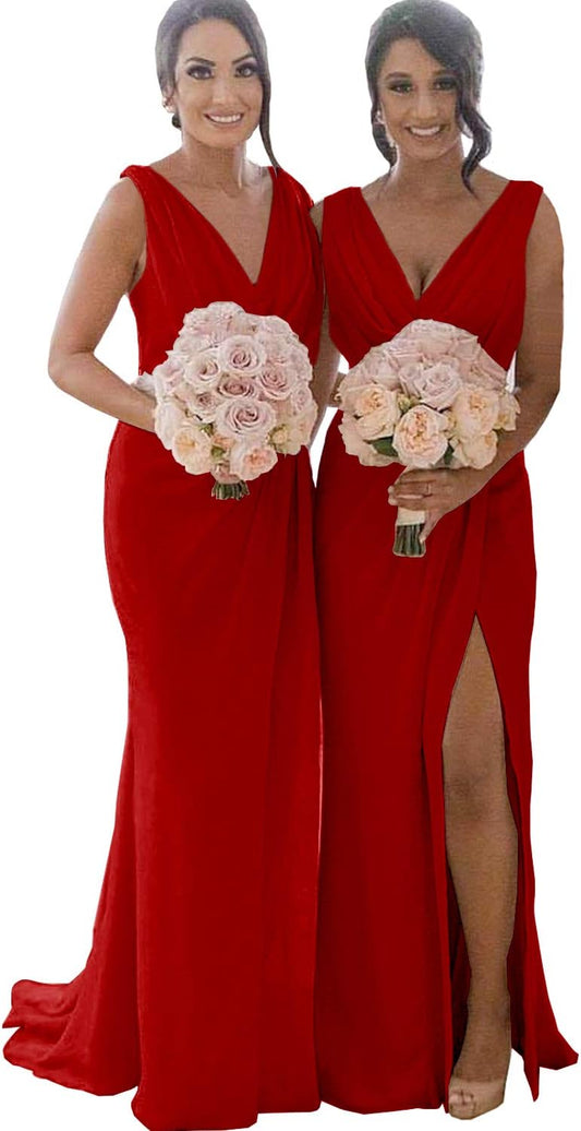 Vestidos de dama de honor con escote en V para boda, largos, de gasa, formales y con abertura