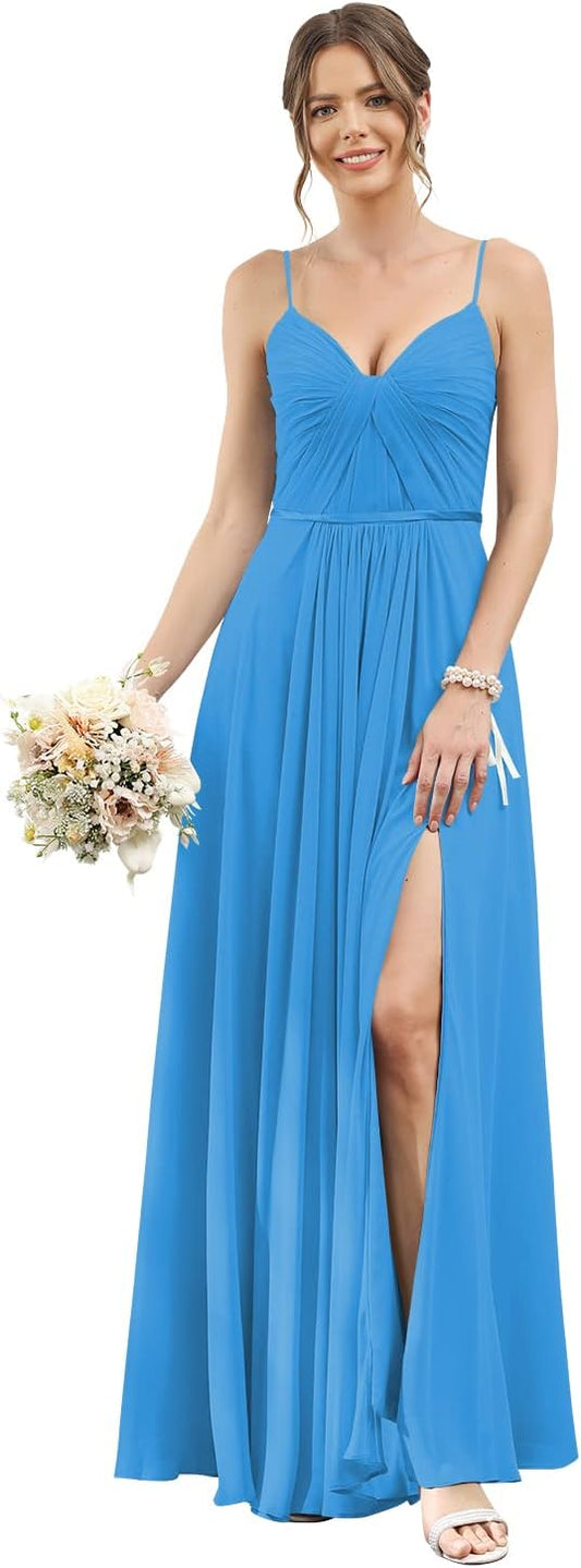 Vestidos de dama de honor largos con tirantes finos y bolsillos, plisados, formales, de noche, con abertura