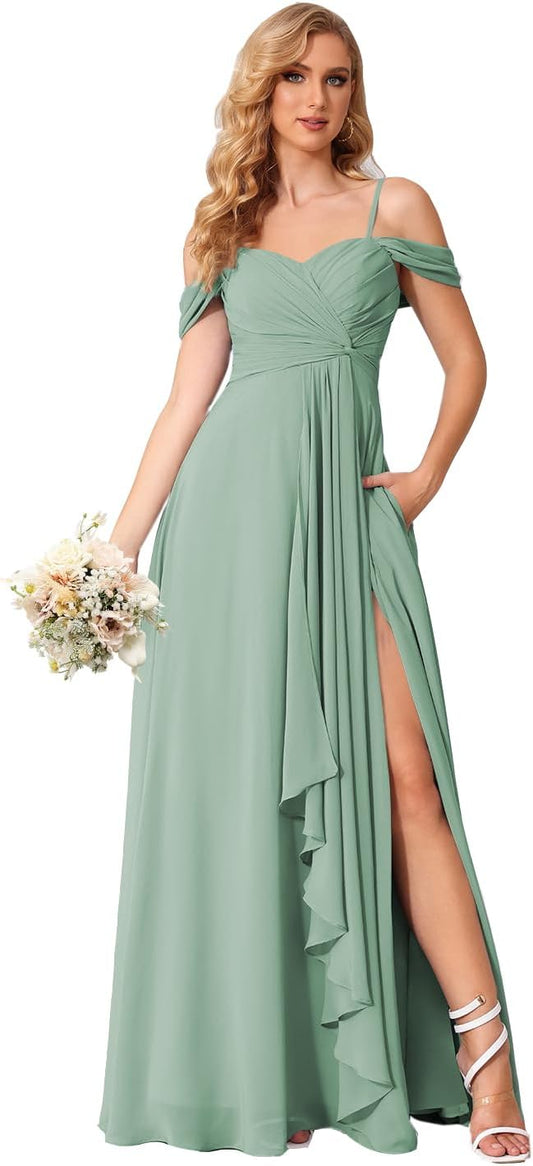 Vestido de dama de honor largo con hombros descubiertos, abertura en gasa, volantes y pliegues, vestido formal de fiesta para mujer