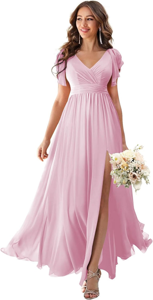 Vestidos de dama de honor con escote en V, mangas onduladas y abertura, 2025, de gasa, corte A, plisados, vestidos de noche formales para mujer