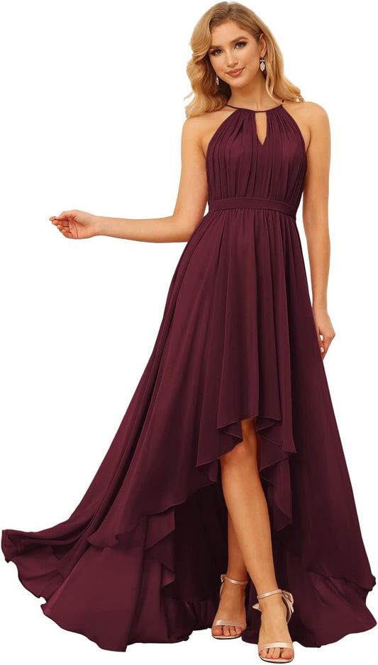 Vestidos de dama de honor largos con cuello halter y bolsillos, con pliegues altos y bajos, para boda