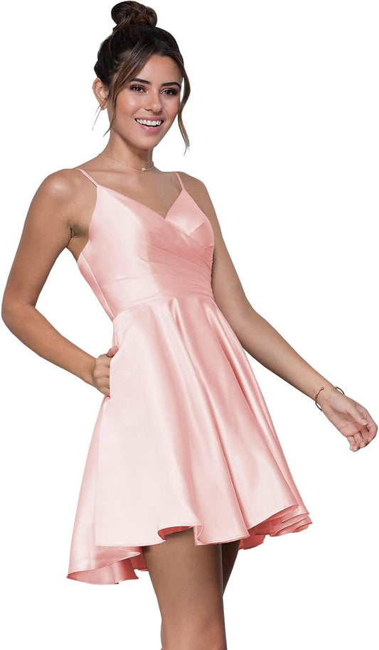 Vestidos cortos de fiesta para mujer con bolsillos, corte A, fruncido, de satén, para cóctel y graduación.