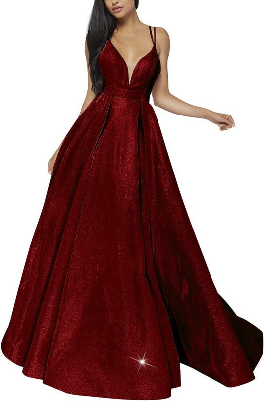 Vestidos de fiesta con escote en V y espagueti brillante para mujer, vestidos de noche formales largos con abertura lateral