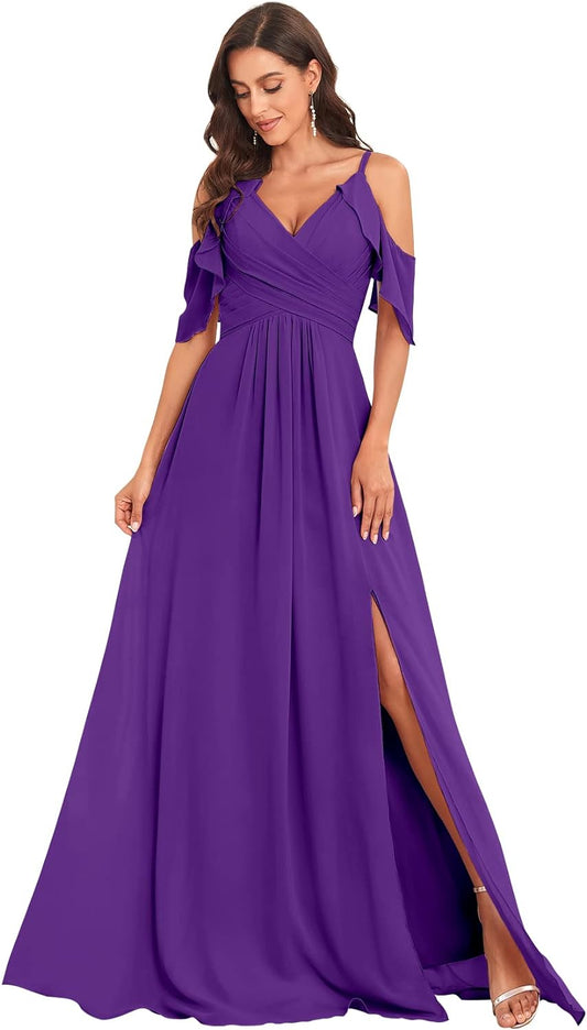 Vestidos de dama de honor con hombros descubiertos, abertura larga y fruncido de gasa, vestidos de noche formales