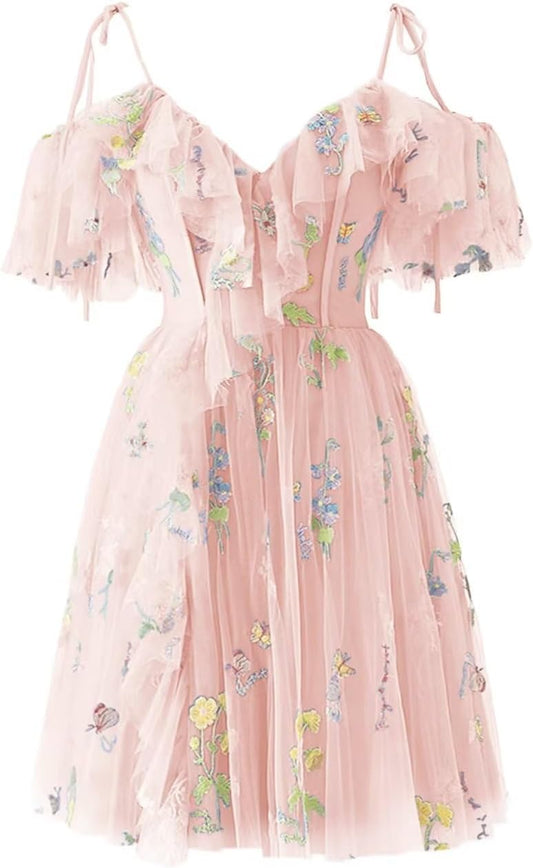 Vestidos de fiesta cortos de tul con bordado floral para mujer, vestidos formales para adolescentes