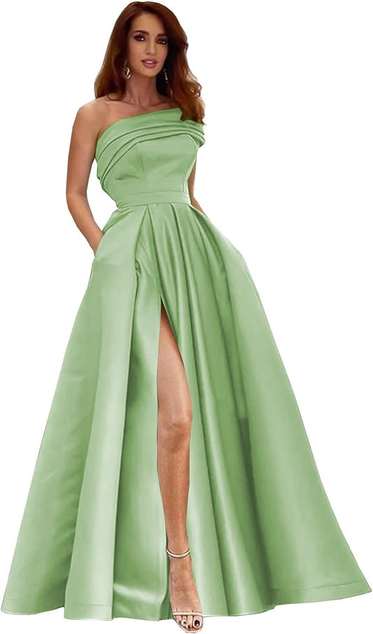 Vestidos de fiesta largos de satén con un solo hombro y abertura lateral para mujer, vestidos de noche formales con bolsillos