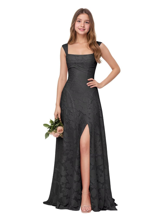 Square Neck Junior Bridesmaid Dresses Floral Lace Flower Girl Dress for Wedding Ruched Slit Girls Formal Dress 2-16Y