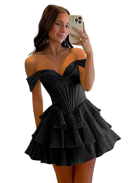 Off Shoulder Homecoming Dresses for Teens 2026 Short Tiered Chiffon Cocktail Party Dress Strapless Mini Gown