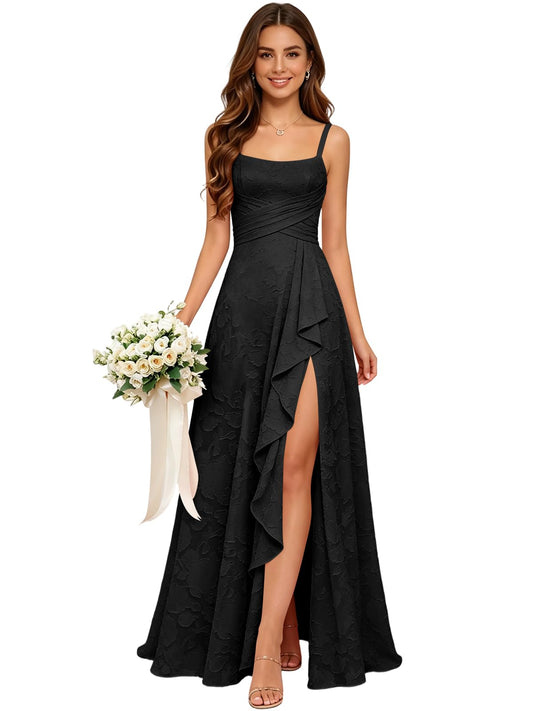 Floral Chiffon Bridesmaid Dresses for Women Long Lace Ruffle Formal Evening Gown with Slit