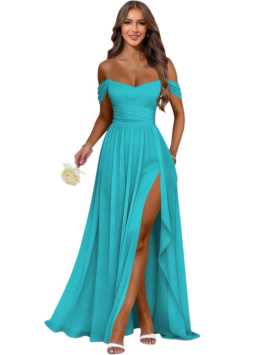 Women's Long Chiffon Bridesmaid Dresses with Slit Off Shoulder A-Line Formal Prom Evening Gown Maxi Wedding Guest Dress