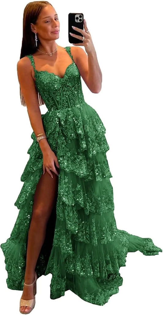 Vestido de fiesta de tul con encaje y capas, tirantes finos y abertura larga, corsé brillante, vestidos formales de fiesta de noche