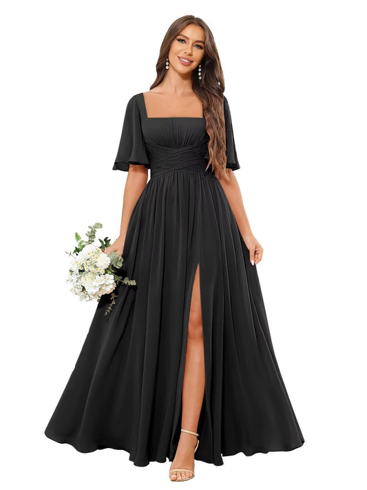 Square Neck Bridesmaid Dresses with Slit Pockets Flutter Sleeve Long Chiffon Formal Wedding Guest Dress