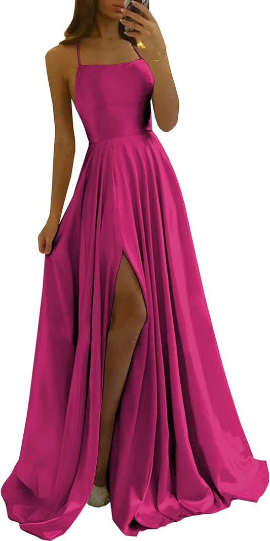 Women's Satin Prom Dresses Long Split Halter Bridesmaid Dresses with Pockets Evening Gowns