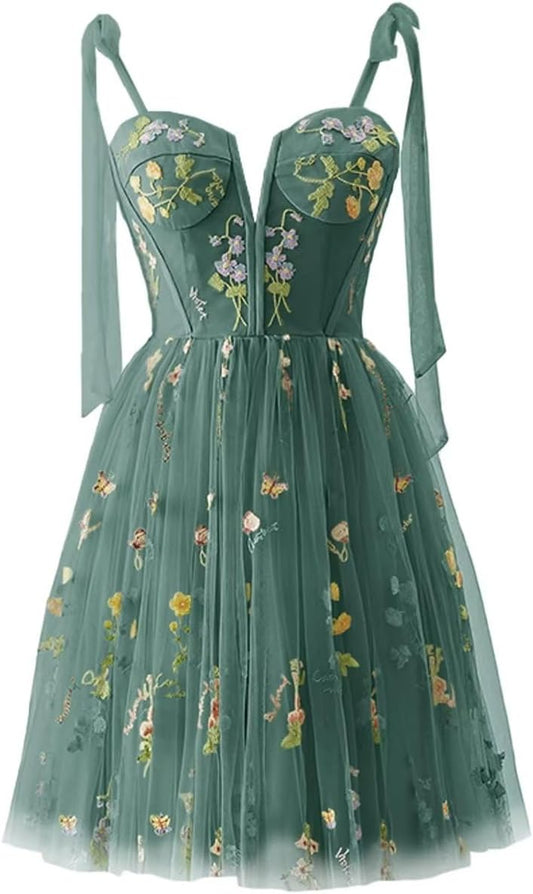 Vestidos de fiesta para mujer, con tirantes finos, cortos, bordados de flores, tul, vestidos formales
