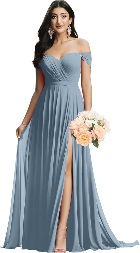 Vestidos de dama de honor con hombros descubiertos para boda, vestido de noche formal de gasa fruncida con abertura y bolsillos