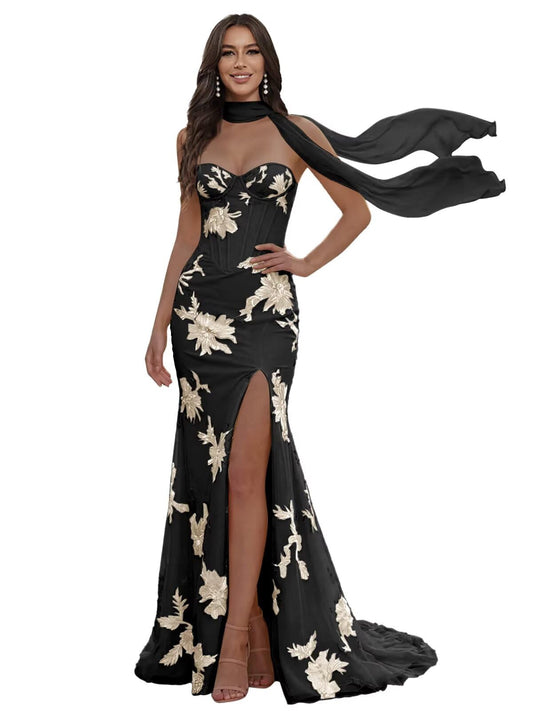 Floral Prom Dresses for Teens Strapless Mermaid Corset Tulle Long Formal Evening Gown with Slit with Scarf