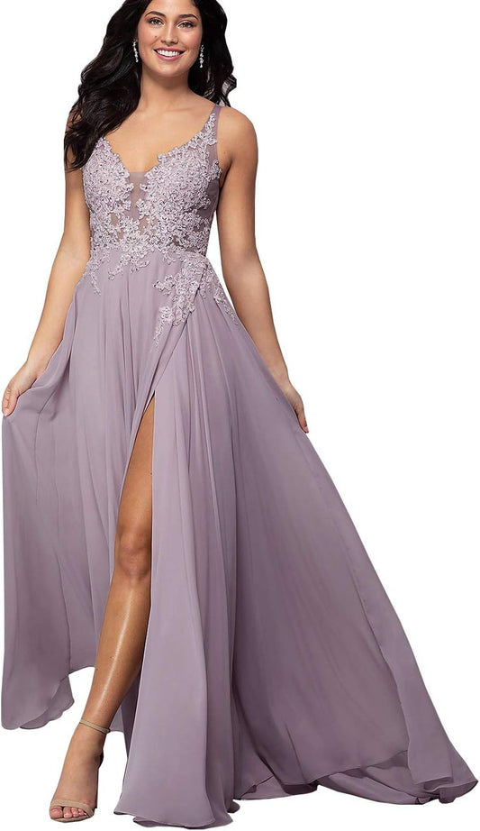 Vestidos de fiesta formales de noche con escote en V y apliques de encaje para mujer, corte A y abertura alta