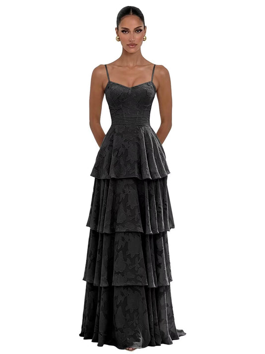 Jacquard Floral Bridesmaid Dresses for Women Long A-Line V Neck Lace Tiered Formal Evening Gown