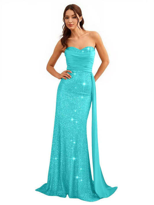 Strapless Sequin Prom Dresses for Women 2026 Mermaid Satin Formal Dress Sparkly Sequin Evening Party Gowns