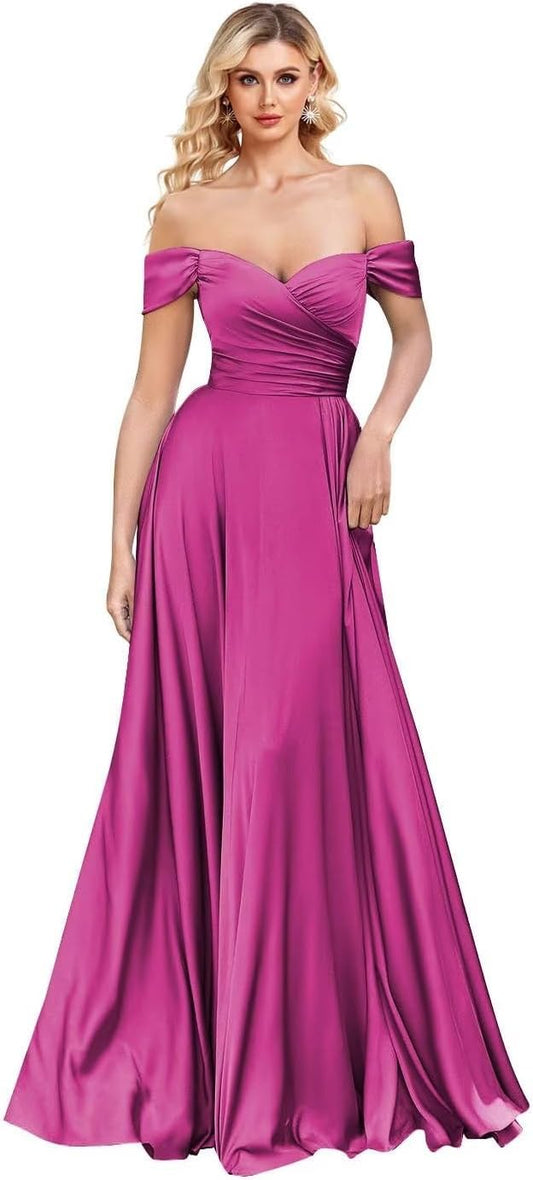 Vestido de dama de honor de satén con hombros descubiertos, largo fruncido, vestido de fiesta con abertura, vestido de noche formal