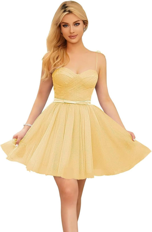 Vestidos cortos de tul brillante para adolescentes, con tirantes finos y corte en A, para fiesta de graduación.