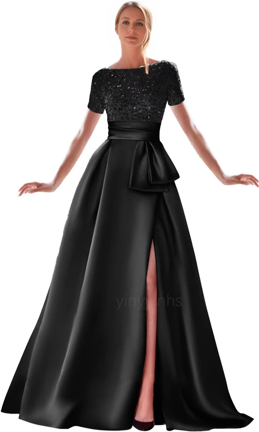 Kingbridal Gowns Short Sleeve Sequin Prom Dresses for Women 2026 Satin A-Line Sparkly Formal Evening Party Ball Gowns with Slit