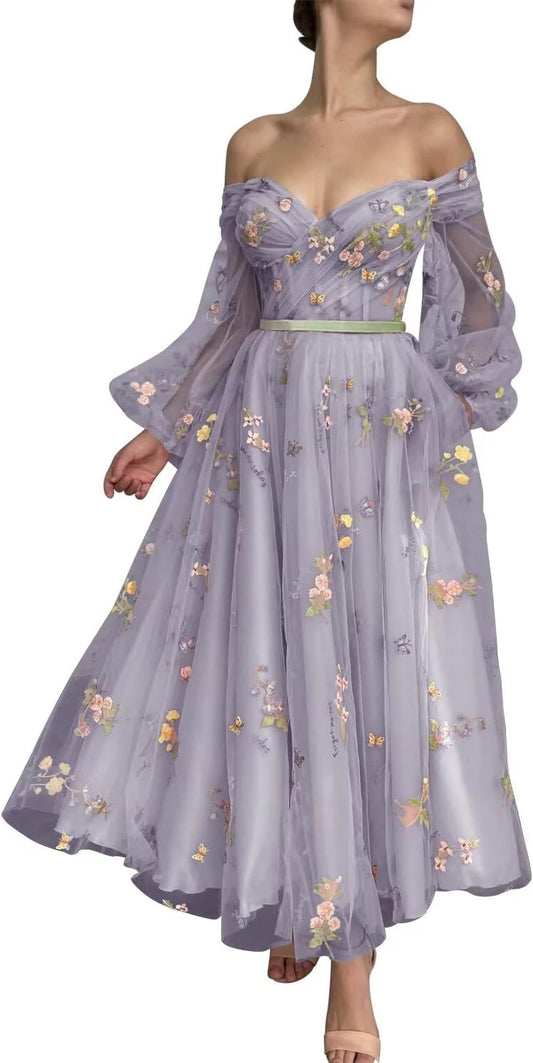 Vestidos de fiesta de tul con bordado de flores para mujer, 2024, largos, con hombros descubiertos, formales, para noche