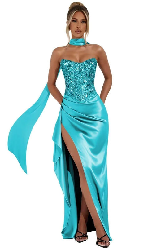 Strapless Satin Prom Dresses with Slit Mermaid Sequin Formal Dress for Women Ruffle Evening Party Gown with Scarf