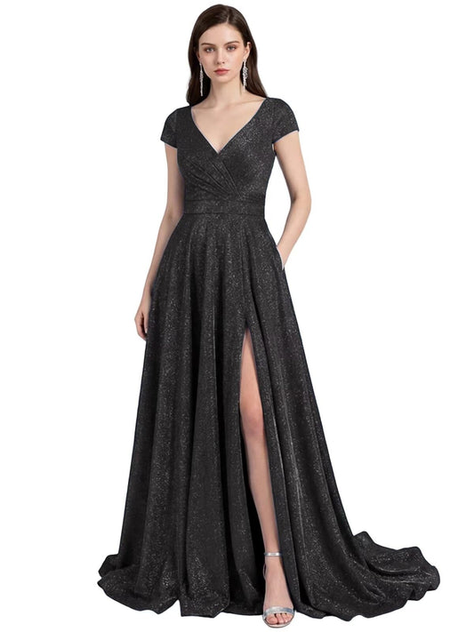Prom Dresses Long for Women A Line with Pockets V Neck Formal Evening Ball Gown