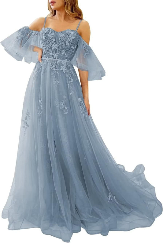 Schulterfreies Tüll-Ballkleid für Teenager, Spitzenapplikationen, formelle Kleider, A-Linie, formelles Abendkleid