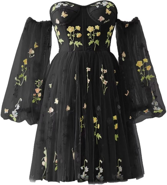 Vestidos de fiesta para mujer, cortos, con hombros descubiertos, bordados florales, de tul, formales, para fiesta de graduación