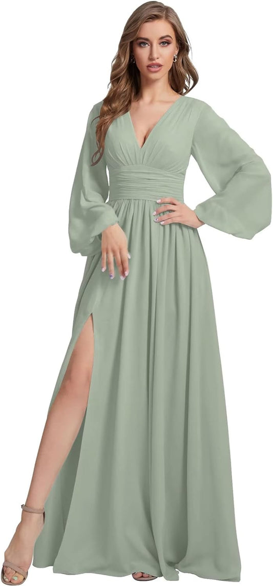 Vestidos de dama de honor con escote en V, manga larga y abertura para mujer, 2024, fruncidos, corte A, de gasa, para fiesta de graduación.