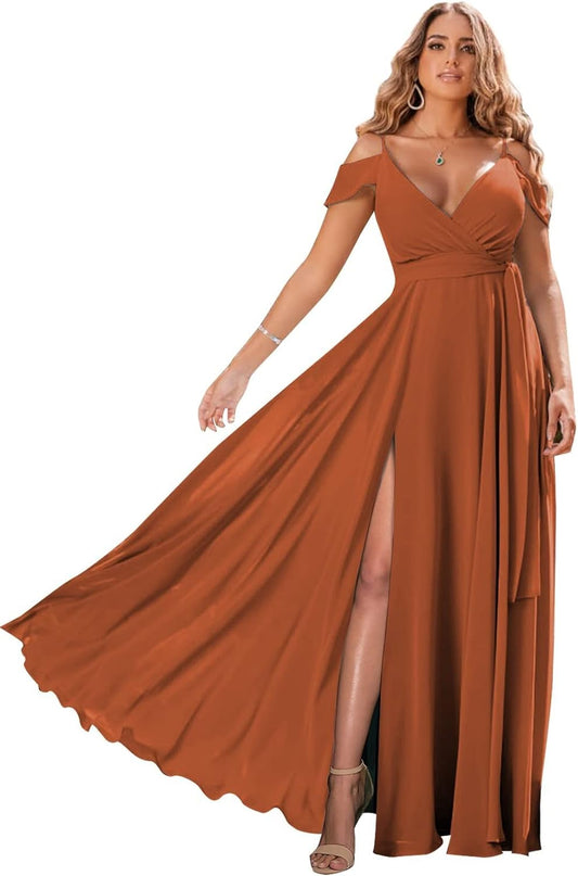 Vestidos de dama de honor con hombros descubiertos 2025 para mujer, vestido de noche formal de gasa largo con cuello en V y abertura