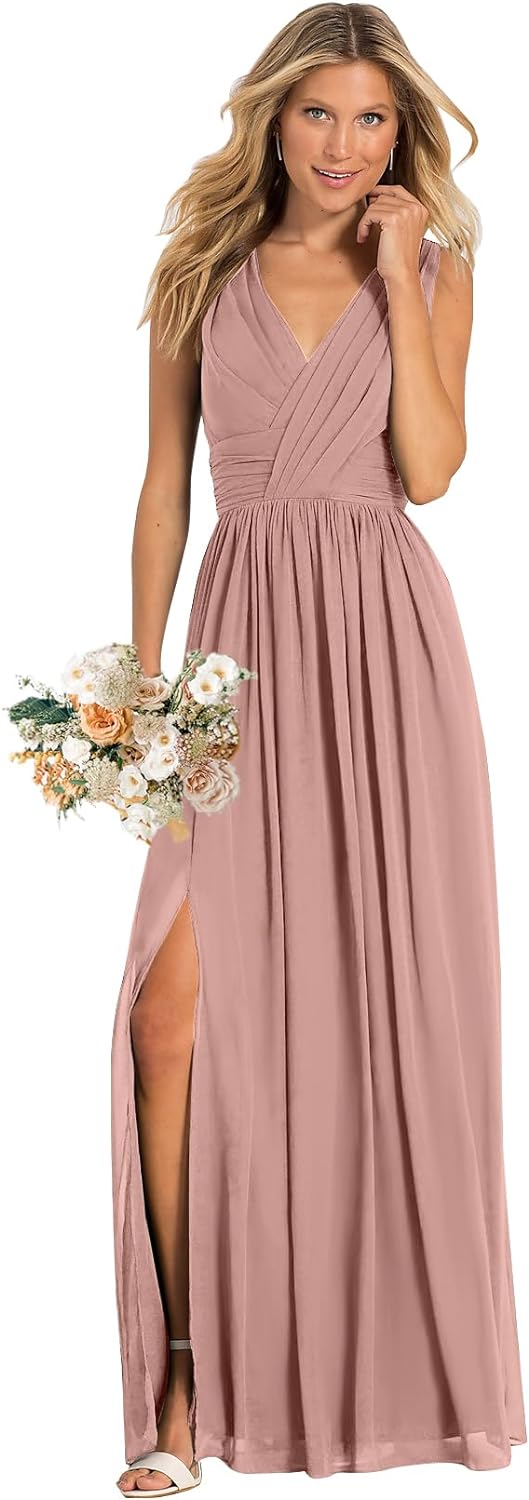 Vestidos de dama de honor con escote en V para boda, corte A, largos y formales con bolsillos.