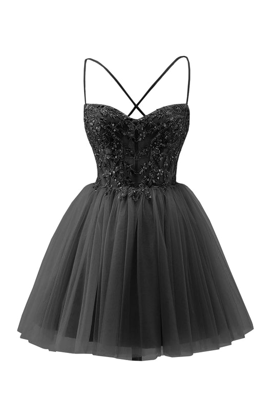Homecoming Dresses for Teens 2026 Sparkly Lace Tulle Spaghetti Strap Corset Short Puffy Prom Quinceanera Dresses