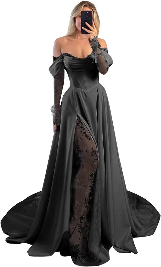 Off Shoulder Satin Wedding Dresses Lace Long Sleeve Prom Dresses Corset A-Line Ball Gowns with Slit