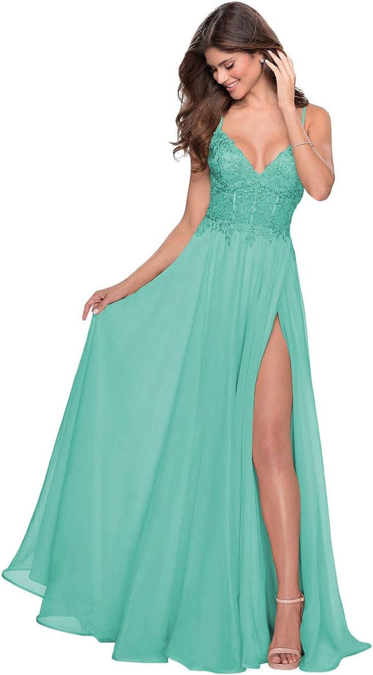 Vestidos de fiesta largos de gasa con apliques de encaje para mujer, con aberturas, tirantes finos y escote en V, vestidos formales de fiesta