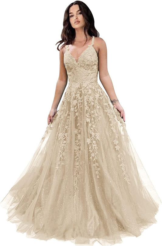 Glitter Tulle Prom Dresses Women Lace Appliques Long Ball Gwons with Spaghetti Straps A-Line Evening Dresses 2024