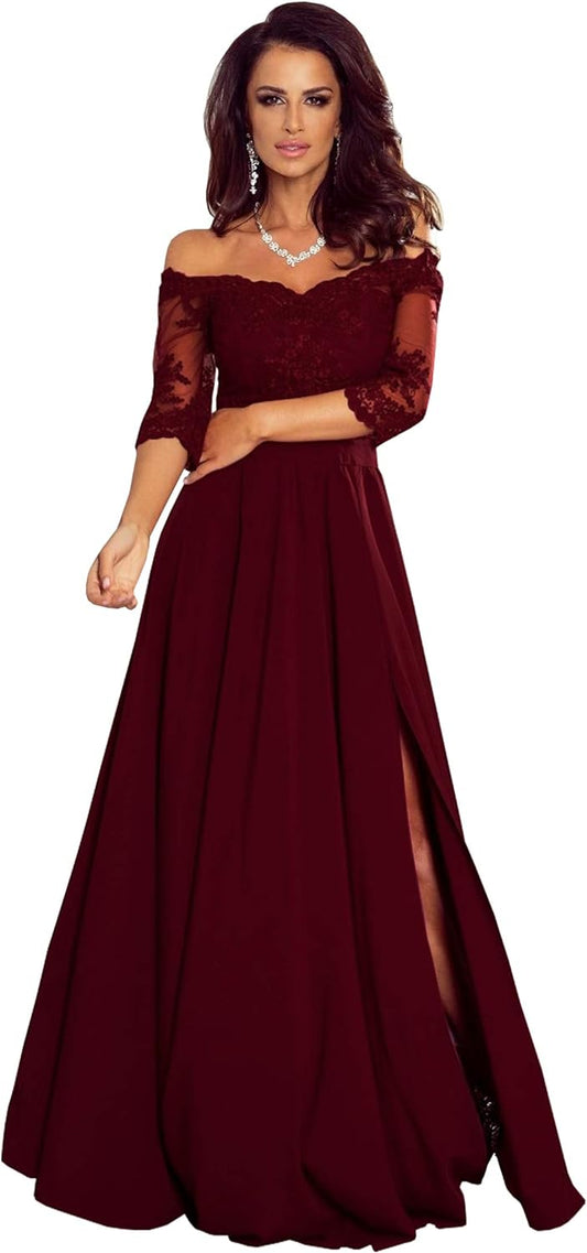 Vestidos de noche formales largos con abertura y mangas cortas con apliques de encaje para madre de la novia