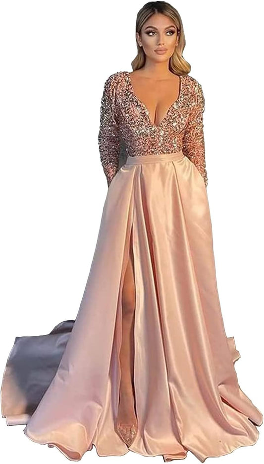 Vestido de fiesta de satén con lentejuelas brillantes para mujer, con bolsillos, manga larga y abertura.
