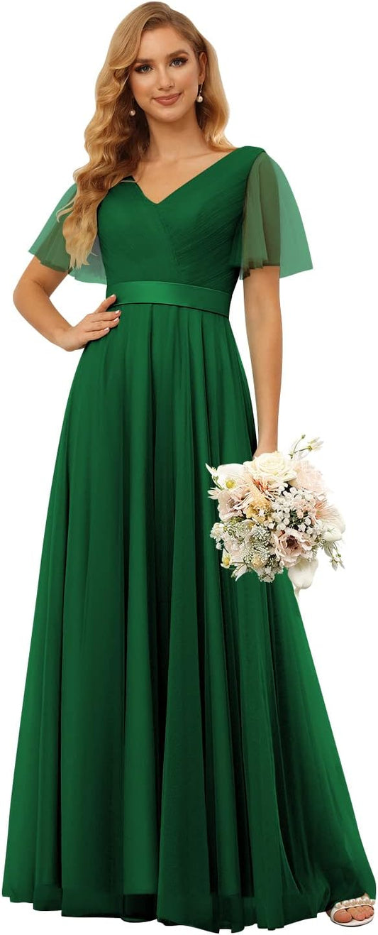 Vestido de dama de honor de tul con mangas abullonadas y escote en V largo, corte imperio, formal